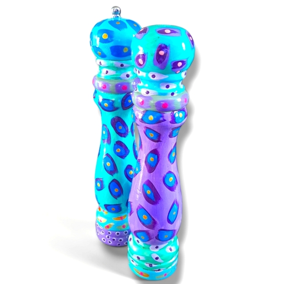 Hand Painted Wooden Salt and Pepper Shakers Blue Purple 10" NEVER USED - Picture 3 of 9